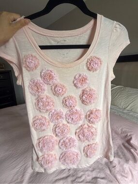 INC International Concepts Petite Women Pink Floral Ruffle 3D Short Sleeve Top